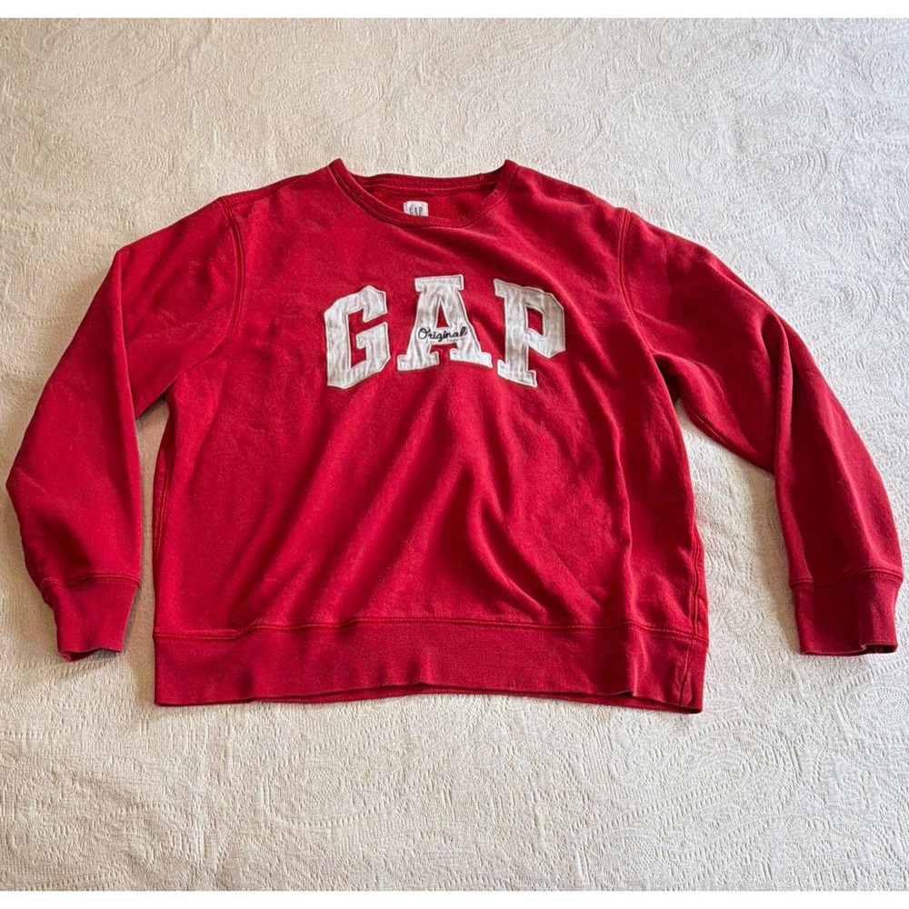 GAP Original Red Logo Graphic Crewneck Fleece Pullover Sweatshirt Womens L 54023